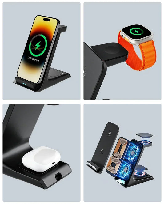3 in 1 Wireless charger stand fast charging station dock for iPhone 16/15/14/13 Pro Max Apple iWatch 9/8/7/6/5 Airpods 3/2